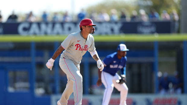 Mar 4, 2024; Dunedin, Florida, USA; Philadelphia Phillies right fielder Nick Castellanos (8) runs the bases against the Toronto Blue Jays in the sixth inning at TD Ballpark.